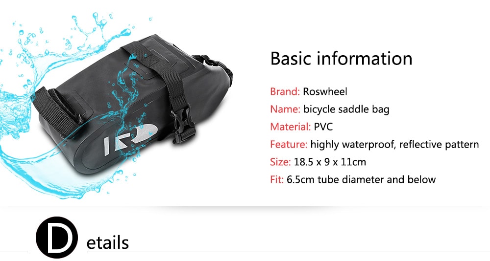 Roswheel 131363 Waterproof Bicycle Saddle Bag Cycling Accessory- Black
