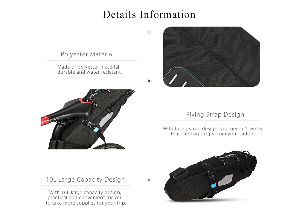 ROSWHEEL 131372 Water-resistant 10L Bike Tail Bag Bicycle Rear Pack- Black