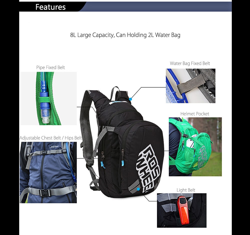 ROSWHEEL 151367 Tear-resistant Nylon 8L Cycling Backpack Water Bladder Bag- Black
