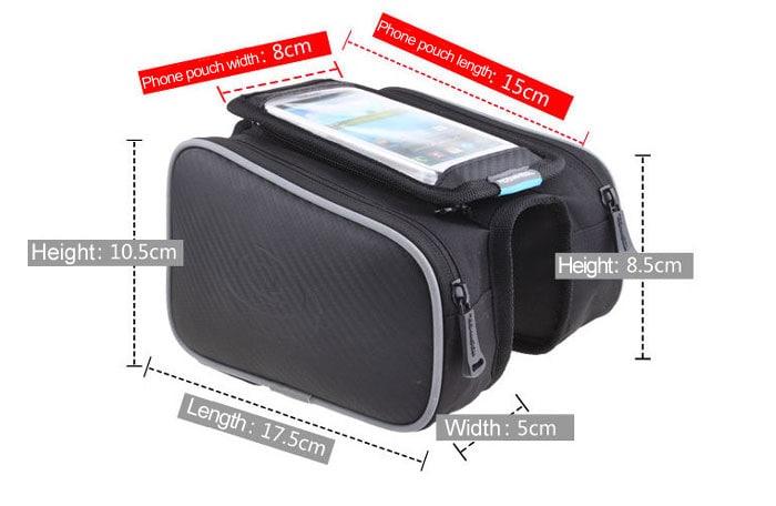 Roswheel Shockproof Mountain Bike Front Frame Tube Saddle Bag with Dual Pouch for 4.7 inch Cellhone- Black Size L