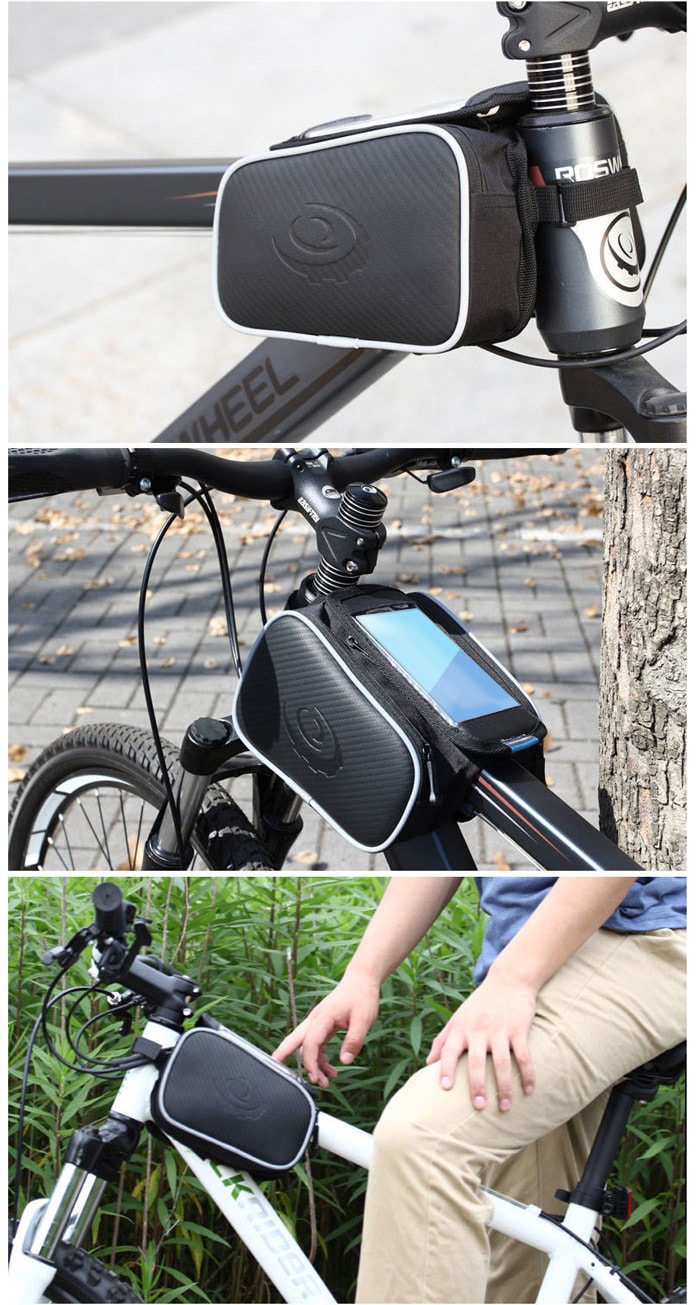 Roswheel Shockproof Mountain Bike Front Frame Tube Saddle Bag with Dual Pouch for 4.7 inch Cellhone- Black Size L