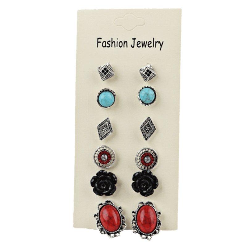 Vintage 6 Pairs of Boho Faux Gem Assorted Stud Earrings
