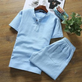 Summer Wear Men's Fashion Short Sleeved Cotton Shirts with Pants