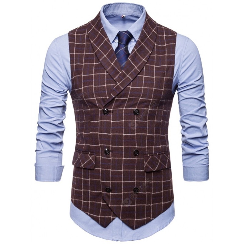 Plaid Double Breasted Men Casual Vest Waistcoat
