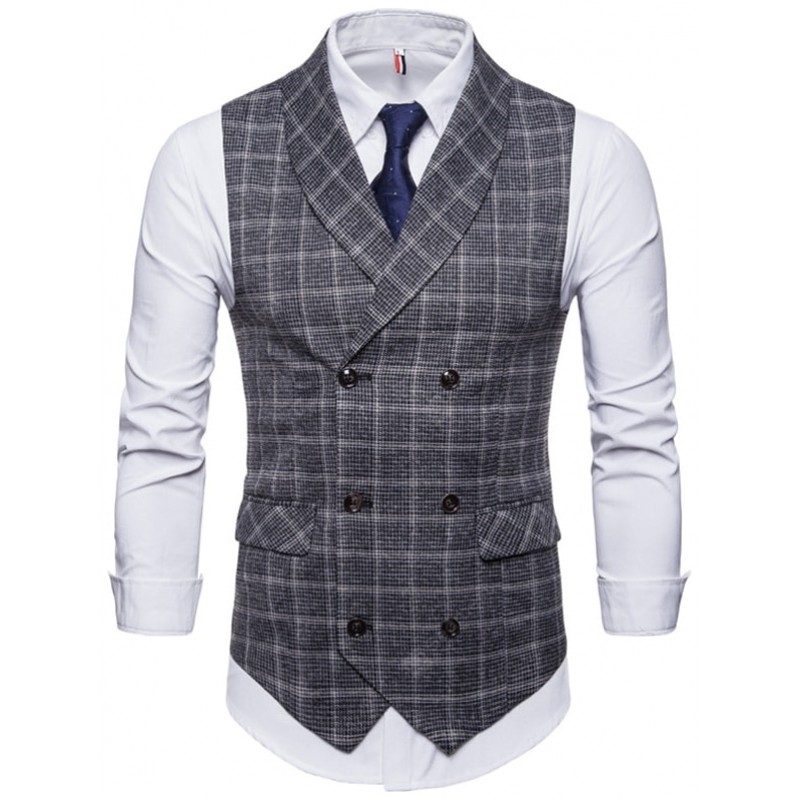 Plaid Double Breasted Men Casual Waistcoat