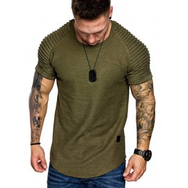 Shoulder Pleated Design Round Neck Short Sleeve T-shirt