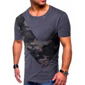 Trendy Camouflage Splicing Short Sleeve Round Neck T-shirt