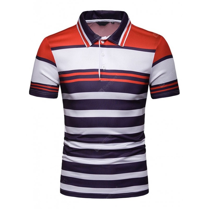 PL42 Men Slim Contrast Stripe Lapel Casual T-shirt