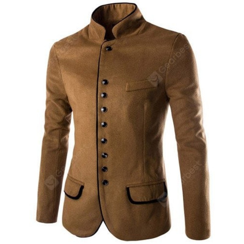 Trendy Slimming Stand Collar Single Breasted Color Block Edging Long Sleeve Woolen Blend Blazer For Men