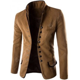 Trendy Slimming Stand Collar Single Breasted Color Block Edging Long Sleeve Woolen Blend Blazer For Men