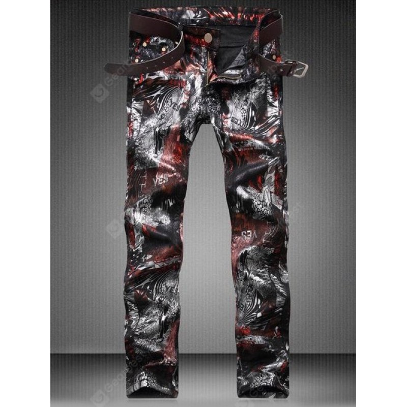 Plus Size Zipper Fly Color Block Abstract Print Straight Leg Jeans
