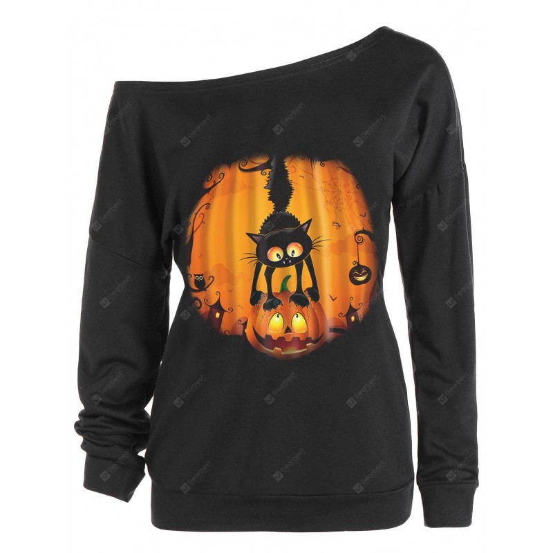 Skew Neck Halloween Pumpkin Cat Print Sweatshirt