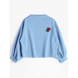 Rose Embroidered Patches Lantern Sleeve Sweatshirt