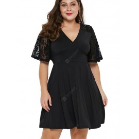 Women Casual Dress Large Size Splicing Lace Short Sleeve