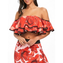 Off The Shoulder Layered Floral Print Crop Top