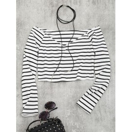 Off Shoulder Striped Knitted Cropped Top