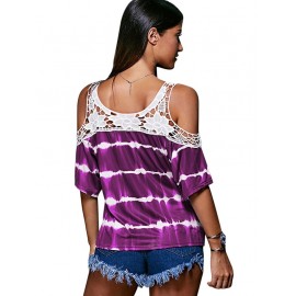 Women's T-shirt Casual Off-shoulder Striped Print Lace Stitching