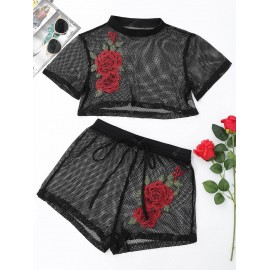 Patched Floral Mesh Crop Top with Shorts