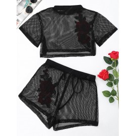 Patched Floral Mesh Crop Top with Shorts