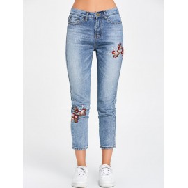 Zipper Fly Floral Embroidered Jeans