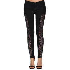 Stylish See-Through Beaded Lace Denim Pants For Women