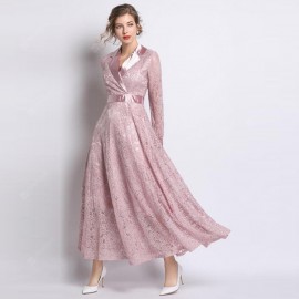 Women's Lapel High Waist Lace Dress