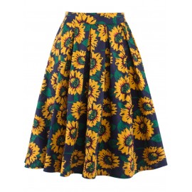 Sunflower Print High Waist Skater Skirt