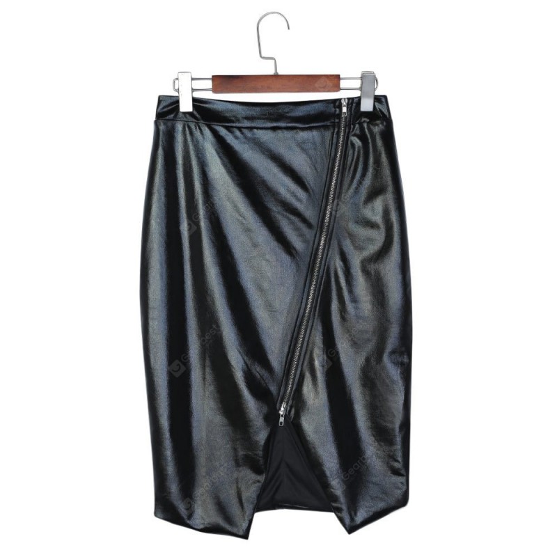 Sexy PU Leather Zipper Slit Women Bodycon Skirt