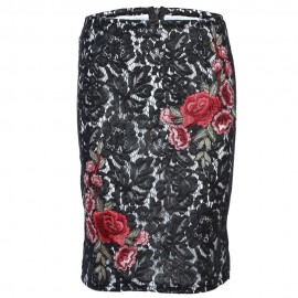 Trendy Elastic Waist Lace Floral Embroidery Slit Zipper Women Skirt