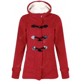 Women Classic Horn Button Pocket Cotton-padded Coat with Cap