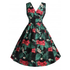 Plus Size Tropical Leaf Hawaii Surplice Dress