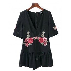 Women Embroidered Romper V-neck with Zipper
