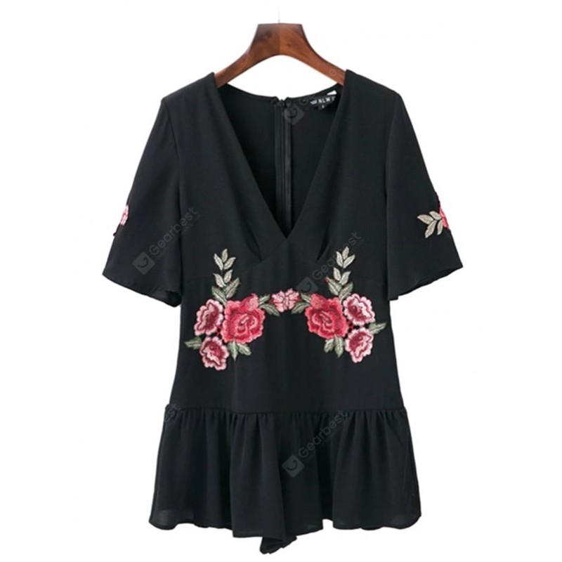 Women Embroidered Romper V-neck with Zipper