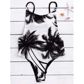 Spaghetti Strap Coconut Tree Print Tropical Backless Swimwear