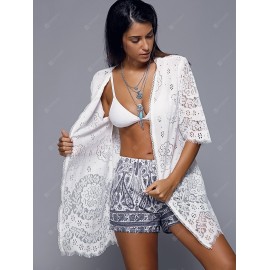 Openwork Row Edged Floral Lace Kimono Cover-Up