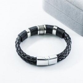 Retro Fashion Personality Double Woven Leather Bracelet Stainless Steel Magnet Buckle Bracelet