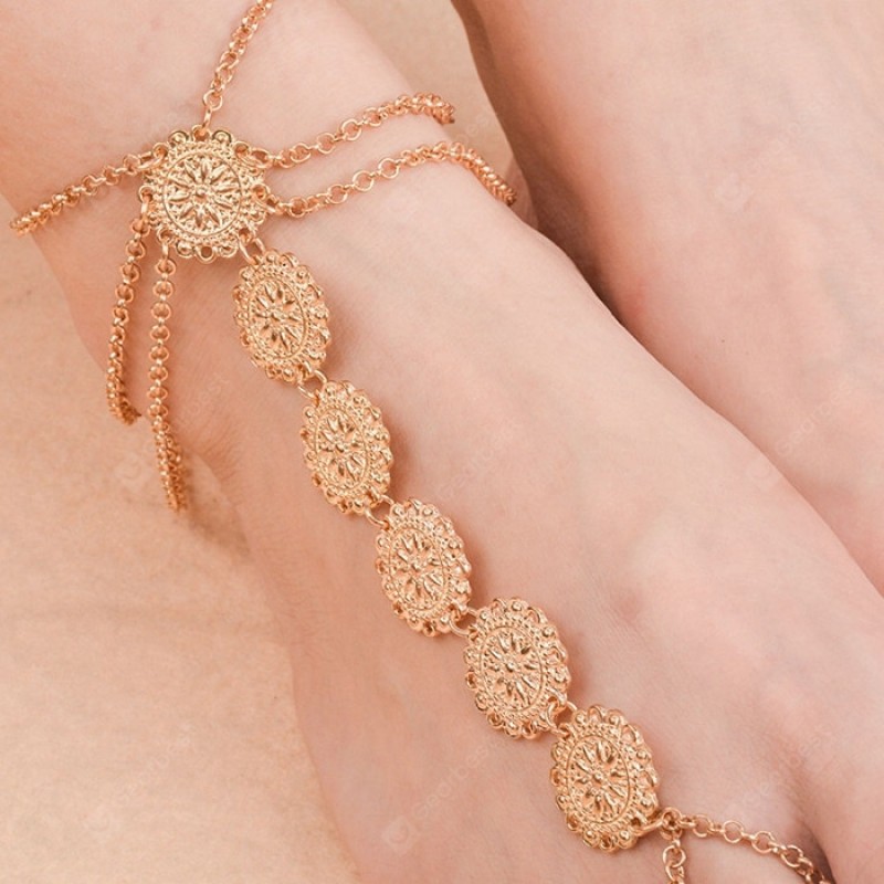 SL130 Stylish Simple Metal Texture Carved Disc Beach Tassel Anklet