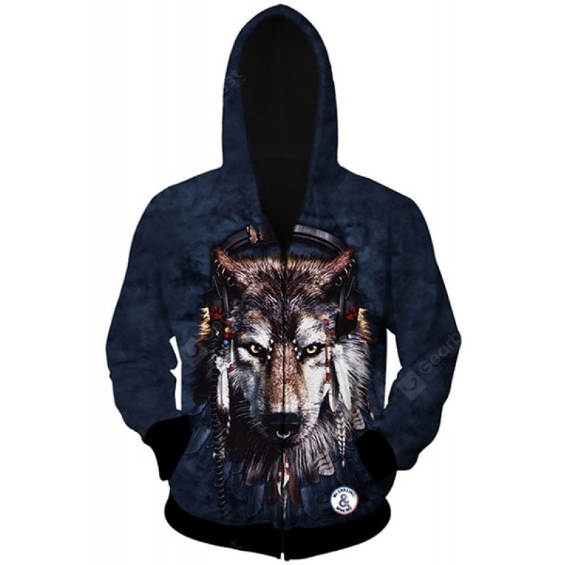 Trendy Slimming Hooded 3D Wolf Head Pattern Long Sleeve Cotton Blend Hoodie For Men