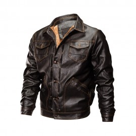 Winter Men's Casual Pu Leather Multi-Pocket Turn-Down Leather Jacket
