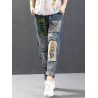 Letter Cartoon Embroidery Patch Ripped Jeans For Women