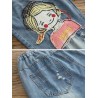 Cute Cartoon Girl Patchwork Embroidery Distressed Elastic Waist Denim