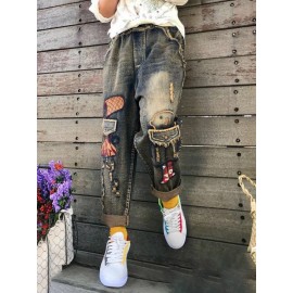 Robot Embroidered Patchwork Ripped Women Denim