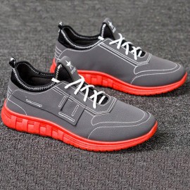Men PU Leather Splicing Sport Soft Casual Running Sneakers