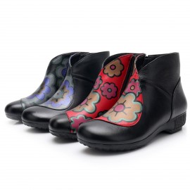Plus Size Women Folkways Warm Genuine Leather Flowers Zippers Ankle Boots