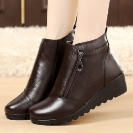 Large Size Genuine Leather Warm Lining Zipper Ankle Boots