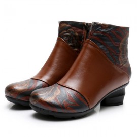 Women Retro Folkways Vein Genuine Leather Zip Chunky Heel Ankle Boots