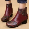 Women Retro Folkways Vein Genuine Leather Zip Chunky Heel Ankle Boots