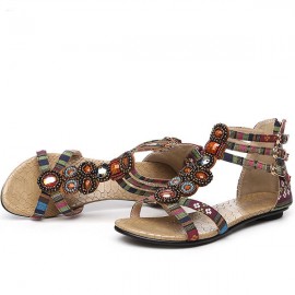 Bohemia Bead Crystal Hollow Out National Wind Retro Peep Toe Buckle Ankle Zipper Sandals
