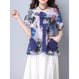 Women Floral Printed Pocket Short Sleeve Vintage T-shirts
