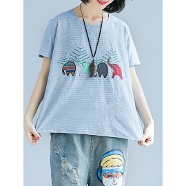 Stripe Elephant Embroidery Short Sleeve Casual T-shirts
